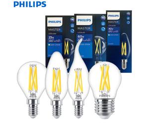 Philips Master cristal LED vela brillo E14 E27 bombilla filamento B35 P45 A60 lámpara transparente DimTone regulable luz interior blanca cálida