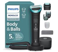 Philips Norelco Body Groomer serie 9000, recortadora de vello corporal para hombres y sistema de afeitadora íntima con limpiador de cubos UV y accesorio trasero ajustable, 100% resistente a la ducha
