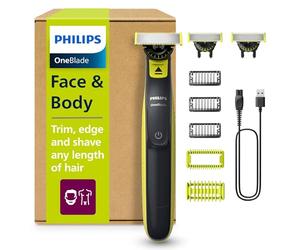 Philips OneBlade 360 Auténtico Barbero, afeitadora y recortadora eléctrica facial y corporal, 3x 360 cuchillas, 3x peine para barba incipiente (1,3,5mm), 1x kit corporal, QP2824/31