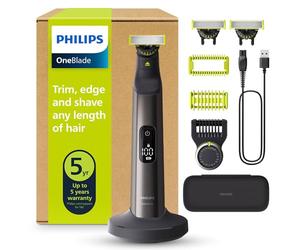 Philips OneBlade Pro 360 Barbero, afeitadora y recortadora eléctrica facial y corporal, 3 cuchillas 360º, peine de 20 longitudes, kit corporal, soporte de carga, estuche de viaje, Negro, QP6652/35