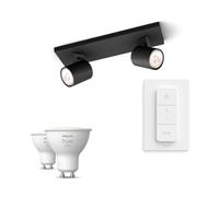Philips Pack: x2 Focos Philips Runner (negro) + 2 bombillas Hue GU10 luz blanca cálida + mando