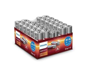 Philips Paquete Económico de Pilas 40 Piezas - 24x Pilas AA y 16x Pilas AAA - Pila Alcalina de Alta Duración - para Mando a Distancia, Radio y Más
