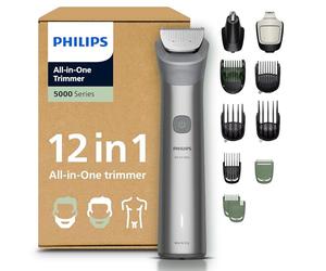 Philips Recortadora todo en uno de 12 en 1 Serie 5000 - Afeitadora y cortapelos hombre para rostro, cabeza y cuerpo, cuchillas de acero autoafilables, 20 longitudes, recargable, MG5952/30