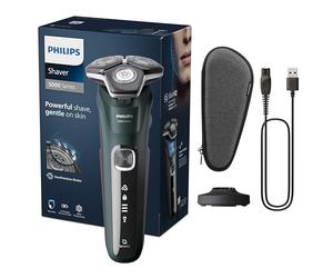 Philips Serie 5000 Afeitadora Eléctrica Hombre, Máquina de Afeitar Barba con Recortadora, 45 cuchillas, Cuida la piel, 60min de uso, En Seco y Húmedo, Recargable, Funda, Base Carga, S5884/35, Verde