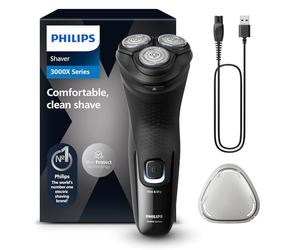 Philips Serie X3000 Afeitadora Eléctrica Hombre, Máquina de Afeitar Barba con Cortapatillas, 27 cuchillas, Cuida la piel, 40min de uso, En Seco y Húmedo, Recargable, X3001/00, Negro