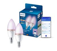 Philips Smart LED Bombilla Inteligente RGB C37, Base E14, 470 lm, Pack de 2 | Luz Blanca y de Colores Regulable, Detección de Movimiento, Control por App y Voz, Compatible con Alexa, Google y Apple Home