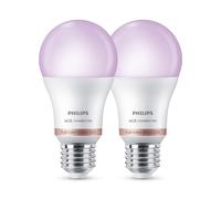 Philips Smart Lighting, Bombilla Inteligente LED RGB A60, E27, 2 ud, 1521 lm, Color y Blanco Ajustable 2200 K-6500 K, Regulable Baja, Connected by WiZ, Alexa, Google Home, Apple Home