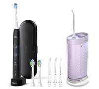 Philips Sonicare Kit de cuidado completo, hilo dental compacto 1000, morado, ProtectiveClean 5300 cepillo de dientes eléctrico recargable, negro y paquete de 2 boquillas compactas, BD2001AZ