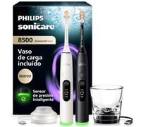 Philips Sonicare Next-Generation DiamondClean 8500 Cepillo de dientes eléctrico - con Smart Pressure Feedback y 18 ajustes, blanco talco y negro, pack doble, HX8596/21