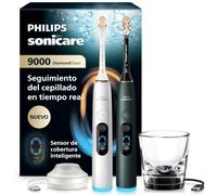 Philips Sonicare Next-Generation DiamondClean 9000 Cepillo de dientes eléctrico - con Smart Coverage Feedback, Smart Pressure Feedback y 21 ajustes, blanco plata y verde medianoche, x2, HX9216/89