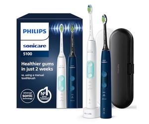 Philips Sonicare ProtectiveClean 5100 Pack Doble, 3 Modos, Sensor de Presión, Temporizador, Anterior, Azul/Blanco