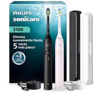 Philips Sonicare Serie 3100 - Cepillo dental sónico, sensor de presión, 3 intensidades, EasyStart, SmarTimer, autonomía 14 días, estuche, negro y rosa claro, pack doble, HX4072/42, [Nuevo]