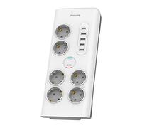 Philips SPN7060WA/10 - Regleta de 6 Enchufes Schuko, Enchufe Múltiple, 4 Puertos USB 35W y 1 USB Tipo C, Ladrón Alargador, Protección Infantil Sobretensión, Cable 2 Metros - Color Blanco