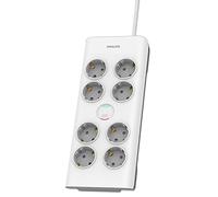 Philips SPN7080WA/10 - Regleta de 8 Enchufes Schuko, Enchufe Múltiple, Ladrón Alargador, Protección Infantil Sobretensión, Interruptor Encendido/Apagado, Cable 2 Metros - Color Blanco