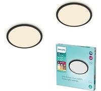 Philips Supeslim - Plafón LED de techo para baño, 15W, Luz blanca cálida 2700K, SceneSwitch con 3 niveles de iluminación, Regulable, Protección IP44, Color Negro, Pack de 2