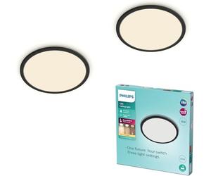 Philips Supeslim - Plafón LED de techo para baño, 15W, Luz blanca cálida 2700K, SceneSwitch con 3 niveles de iluminación, Regulable, Protección IP44, Color Negro, Pack de 2