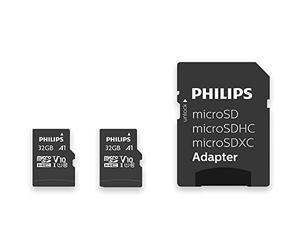 Philips Tarjeta MicroSD de 32 GB, hasta 80 MB/s (R), MicroSDHC con Adaptador SD A1 / U1 / C10 / V10, Paquete de 2 Unidades, Modelo n. FM32MP45D