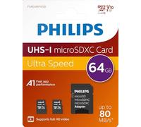 Philips Tarjeta MicroSD de 64GB, hasta 80 MB/s (R), MicroSDHC con Adaptador SD A1 / U1 / C10 / V10, Paquete de 2 Unidades, Modelo n. FM64MP45D