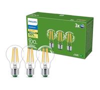 Philips UltraEfficient Bombilla LED, paquete de 3, A60, E27, 1535 Lúmenes, 100 W, EyeComfort, Larga Duración, Luz Blanca Cálida 2700 K, Diseño Clásico, Bombilla Bajo Consumo Transparente