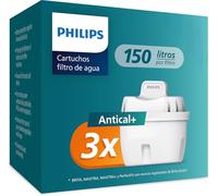 Philips Water Cartuchos de filtro de agua de repuesto Antical+, pack de 3 filtros, compatible con Brita, HASTA UN 50 % DE MAYOR REDUCCIÓN DE LA CAL