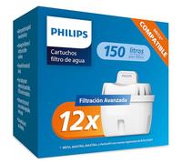 Philips Water Cartuchos de filtro de agua de repuesto, pack de 12 filtros, compatible con Brita, reduce los MICROPLÁSTICOS, el CLORO, la CAL, los METALES PESADOS