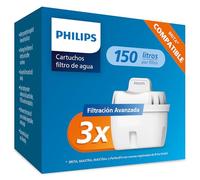 Philips Water Cartuchos de filtro de agua de repuesto, pack de 3 filtros, compatible con Brita, reduce los MICROPLÁSTICOS, el CLORO, la CAL, los METALES PESADOS