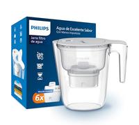 Philips Water Filtro de jarra + 6 cartuchos de filtro de repuesto, Filtración Avanzada, flujo rápido, temporizador electrónico, filtra CLORO, CAL, metales pesados y MICROPLÁSTICOS, capacidad 2,6 L