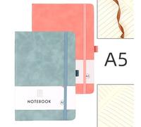 PHIOMUUE 2 Pcs Hardcover Leather Journal - Notebook A5 with 100 Pages, 80gsm Thick Paper, Lined & College Ruled for Women, Men, Office, School Writing - 14.5 x 21cm (Blue Pink)