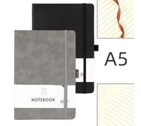 PHIOMUUE 2 Pcs Hardcover Leather Journal - Notebook A5 with 100 Pages, 80gsm Thick Paper, Lined & College Ruled for Women, Men, Office, School Writing - 14.5 x 21cm (Grey Black)