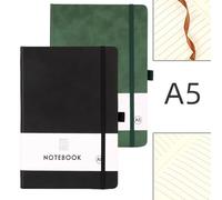 PHIOMUUE 2 Pcs Hardcover Leather Journal - Notebook A5 with 100 Pages, 80gsm Thick Paper, Lined & College Ruled for Women, Men, Office, School Writing - 14.5 x 21cm (Green Black)