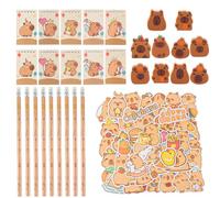 Phlognfy 80Pcs Capybara Juego de Útiles Escolares, Regalos Fiesta Cumpleaños Niños Capybara, Con Bloc de Notas Espiral Pequeña Pegatinas Borradores Lápiz, Para Niñas Niños Regalos Fiesta Temáticos