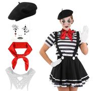 Phlognfy Disfraz de payaso de circo para mujer, color negro y blanco, disfraz de pantomima, con boina, bufanda, guantes, calcetines de tatuaje, tirantes, para Halloween, carnaval, jóvenes, adultos