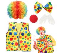 Phlognfy Disfraz de payaso para adultos, disfraz de payaso de circo, con peluca, nariz, guantes, corbata, chaleco, para Halloween, carnaval, circo, fiesta, accesorio