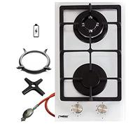 Phoenix Domino - Cocina de gas de vidrio autosuficiente de 2 quemadores de propano/gas natural con regulador de manguera de gas blanco