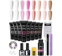Phoenixy Kit Uñas de Gel 8 Colores Kit de Extensión de Uñas con Base y Top Coat Slip Solución Limas de Uñas Gel Constructor Uñas Blanco, Transparente, Rosa Nude