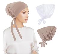PHOGARY 2 Piezas Para Mujer Hijab Undercap, Islámico Musulmán Debajo de Hijab Cap Interior Debajo de la Bufanda Sombrero con Cierre de Lazo en la Espalda Color Sólido Para Mujeres Chemo Sleep Cap (D)