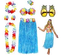 PHOGARY 8PCS Falda de Hula Kit de Accesorios de Vestuario para Hawaii Luau Party - Bailando Hula con Flor Bikini Lei Hawaiano Pinza para el Cabello, Gafas de Sol (Azul)