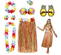 PHOGARY 8PCS Falda de Hula Kit de Accesorios de Vestuario para Hawaii Luau Party - Bailando Hula con Flor Bikini Lei Hawaiano Pinza para el Cabello, Gafas de Sol (Vistoso)
