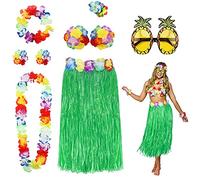 PHOGARY 8PCS Falda de Hula Kit de Accesorios de Vestuario para Hawaii Luau Party - Bailando Hula con Flor Bikini Lei Hawaiano Pinza para el Cabello, Gafas de Sol (Verde)
