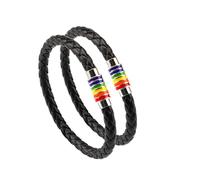 PHOGARY Brazalete De Orgullo Gay Pulsera De Arco Iris (2 Paquetes), Brazalete De Cuero Negro De Pareja Brazalete De LGBT De Mujer para Hombre con Arco Iris Magnético Acero Inoxidable Rayado 22cm