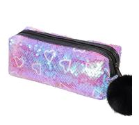 PHOGARY Estuche de Lápices Preppy con Lentejuelas para Niñas, Bolsa de Cremallera Peluda con Tirador Holográfico, Estuche de Bolígrafo Brillante para Artículos Escolares (Morado)