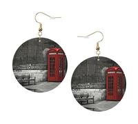 Phone Booth In London Streets - Juego de aretes de cuero estampados para mujer, 1 par de aretes ligeros bohemios perforados, regalo de joyería para mujeres y niñas