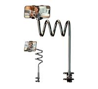 Phone Holder Desk Mount, 360-Degree Rotation Cell Phone Clip & Flexible Arm Tablet Holder, Fits Devices Below 10.5 Inches, Adjustable Streaming Bracket for Bedroom, Office, Living Room, Desk, Video