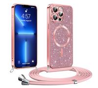 Phoona Glitter Funda para iPhone 13 Pro 6,1" con Cuerda, Ajustable Teléfono Cordón, Compatible con MagSafe, Anti-Caída, Carcasa Protectora Silicona AntiChoque, Rosa