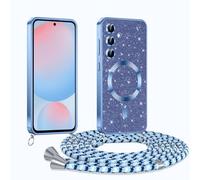 Phoona Glitter Funda para Samsung Galaxy S24 FE 5G con Cuerda, Ajustable Teléfono Cordón, Compatible con MagSafe, Anti-Caída, Carcasa Protectora Silicona AntiChoque, Azul