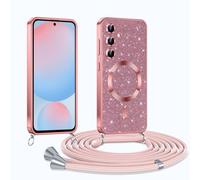 Phoona Glitter Funda para Samsung Galaxy S24 FE 5G con Cuerda, Ajustable Teléfono Cordón, Compatible con MagSafe, Anti-Caída, Carcasa Protectora Silicona AntiChoque, Rosa