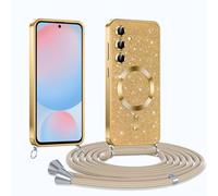 Phoona Glitter Funda para Samsung Galaxy S24 FE 5G con Cuerda, Ajustable Teléfono Cordón, Compatible con MagSafe, Anti-Caída, Carcasa Protectora Silicona AntiChoque, Oro