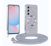 Phoona Glitter Funda para Samsung Galaxy S24 FE 5G con Cuerda, Ajustable Teléfono Cordón, Compatible con MagSafe, Anti-Caída, Carcasa Protectora Silicona AntiChoque, Plata