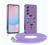 Phoona Glitter Funda para Samsung Galaxy S24 FE 5G con Cuerda, Ajustable Teléfono Cordón, Compatible con MagSafe, Anti-Caída, Carcasa Protectora Silicona AntiChoque, Púrpura