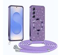 Phoona Glitter Funda para Samsung Galaxy S25 5G con Cuerda, Ajustable Teléfono Cordón, Compatible con MagSafe, Anti-Caída, Carcasa Protectora Silicona AntiChoque, Púrpura